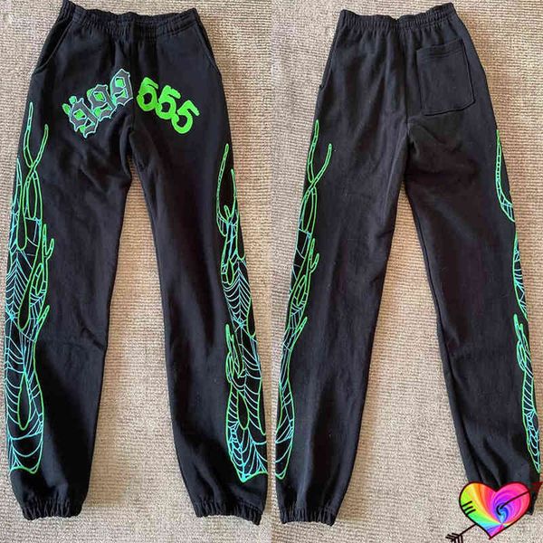 

2022 fluorescent green graphic spider pants men women flame print young thug sp5der pants web pattern 555555 sweatpants t220803, Black