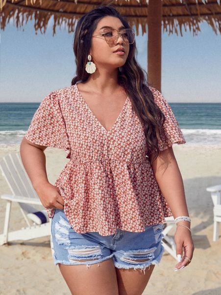 

plus ditsy floral print butterfly sleeve peplum blouse 91tk#, Black