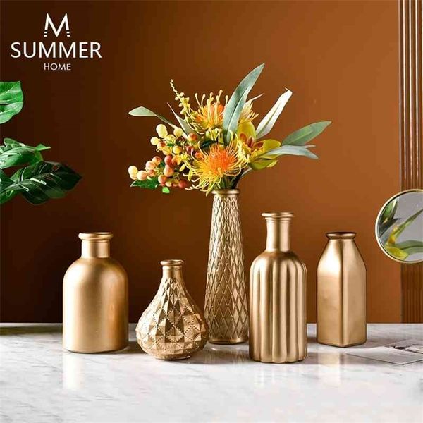 Vaso moderno in vetro dorato Vaso di lusso leggero Decorazione per la casa Design per la casa Disposizione dei fiori da tavolo Vasi decorativi Vasi dorati 210409