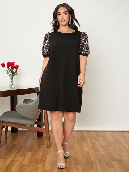 

plus contrast sequin puff sleeve dress 985k#, Black