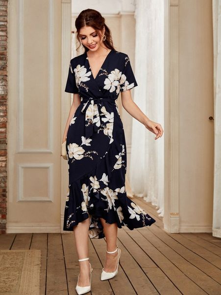 

floral belted ruffle wrap mermaid dress h81h#, Black;gray