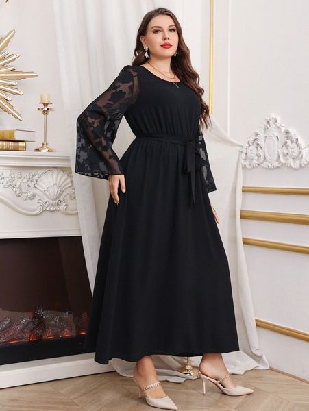 

plus jacquard sleeve belted dress 85c0#, Black