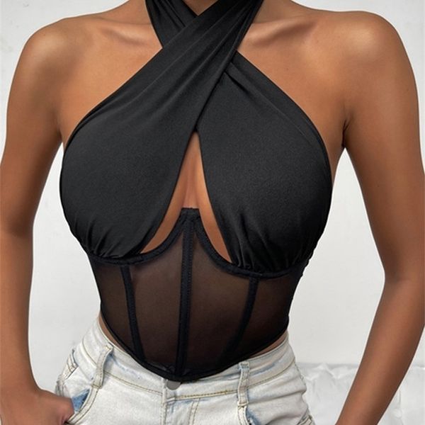 VIIFAA Sexy Hollow Out Criss-Cross Halter Malha Corset Top Mulheres Clubwear Roupas de Verão Backless Black Tank Tops 220316