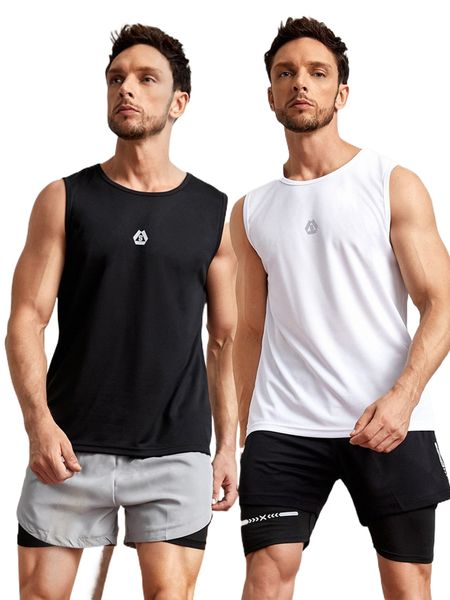 

men 2pcs reflective print sports tank s5li#, White;black