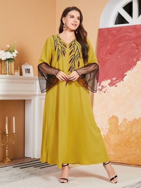 

plus floral embroidery dobby mesh flounce sleeve dress d33y#, Black