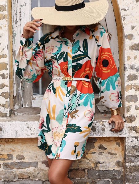 

floral print lantern sleeve shirt dress without belt e2ua#, Black;gray