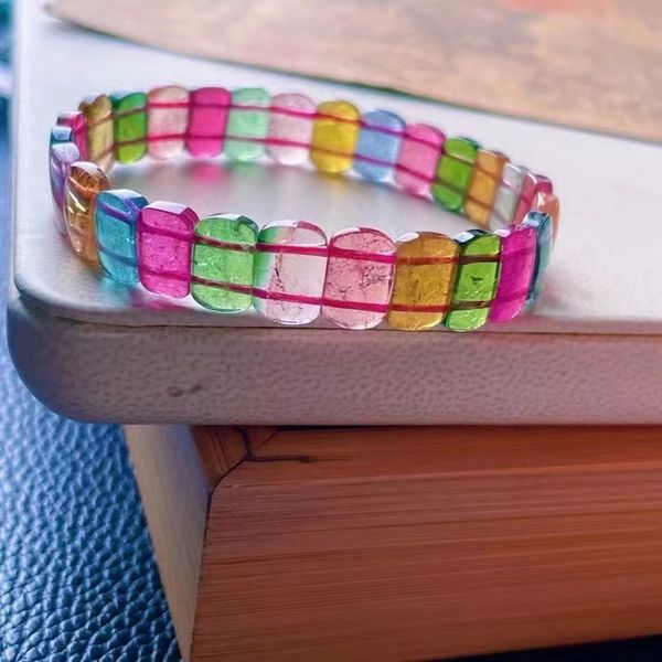 

natural colorful tourmaline clear rectangle beads bracelet 10.5/7.2/3.3mm rainbow red tourmaline women men jewelry aaaaaaa, Silver