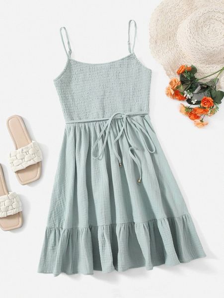 

shirred ruffle hem belted dress l115#, Black;gray