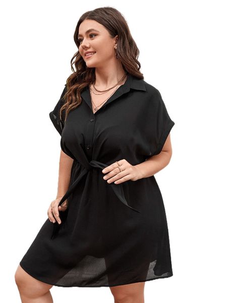 

plus batwing sleeve half button knot front dress g9no#, Black