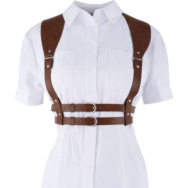 

belts 2022 fashion punk brown leather harness belt strap girdle women handmade decorative shirt dress vest, Black;brown