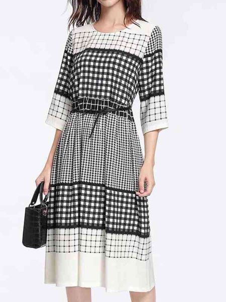 

casual dresses silk plaid waist closing dress yuan single, Black;gray