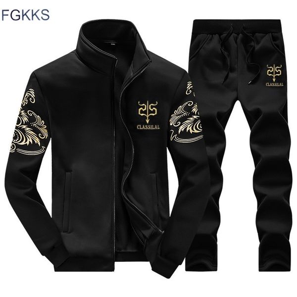 

fgkks brand men tracksuit new fashion sporting suit sweatshirt sweatpants men clothing slim male tracksuit lj201126, Gray