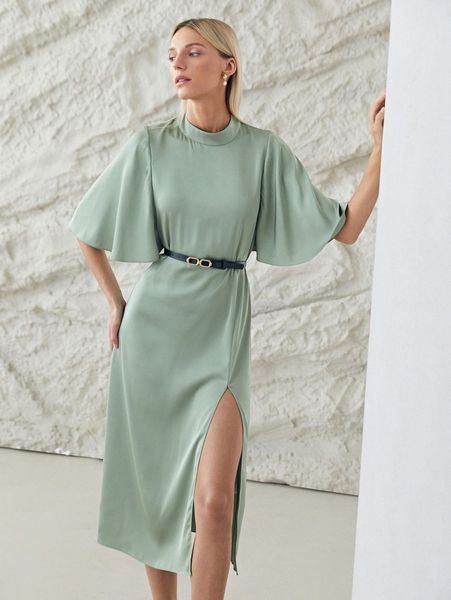 

motf premium mock neck slit dress without belt r1yn#, Black;gray