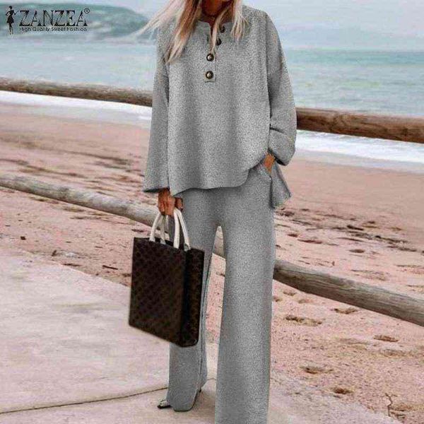 

zanzea elegant elastic waist trouser long sleeve female office button pant sets 2pcs women casual solid blouse matching sets t220729, Gray