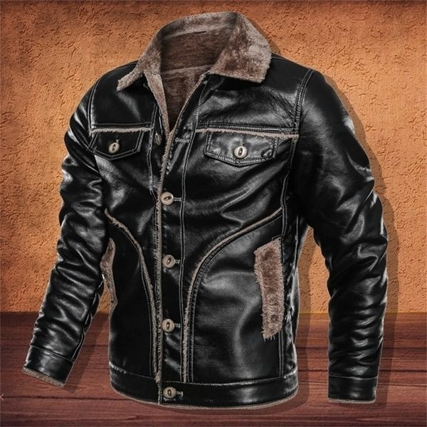 Winterjacke Herren Vintage Schwarze Lederjacke Männer Pelz Gefüttert Umlegekragen Lässige Mäntel Männlich Warm Dicker Mantel Plus Größe 4XL 201127