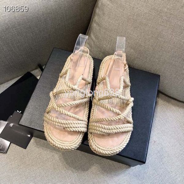 

sandals high end quality sandals women's summer woven hemp rope flat bottom beach shoes thick cross strap roman, Black