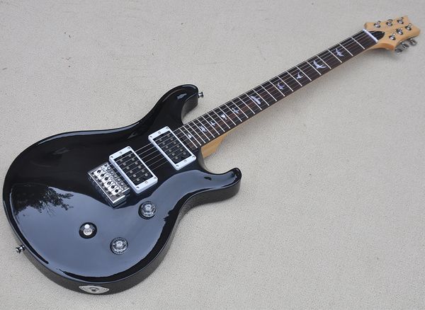 

black 6 strings electric guitar with rosewood fretboard humbuckers pickups