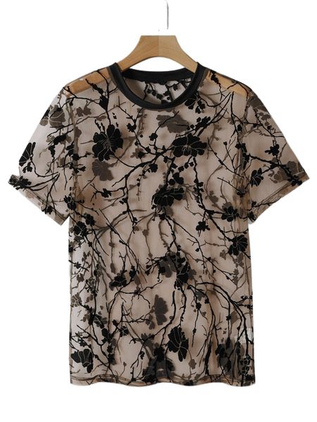 

men random floral print mesh tee 27qj#, White;black