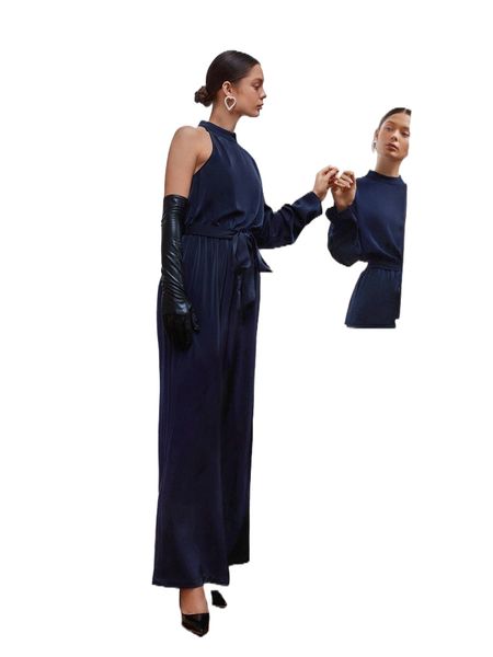 

x eloisa mock neck single sleeve belted satin jumpsuit h7zl#, Black;white