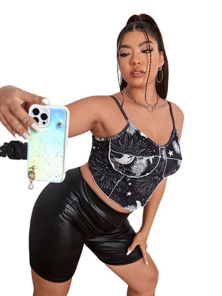 

plus sun and moon print hanky hem cami j3kf#, Black