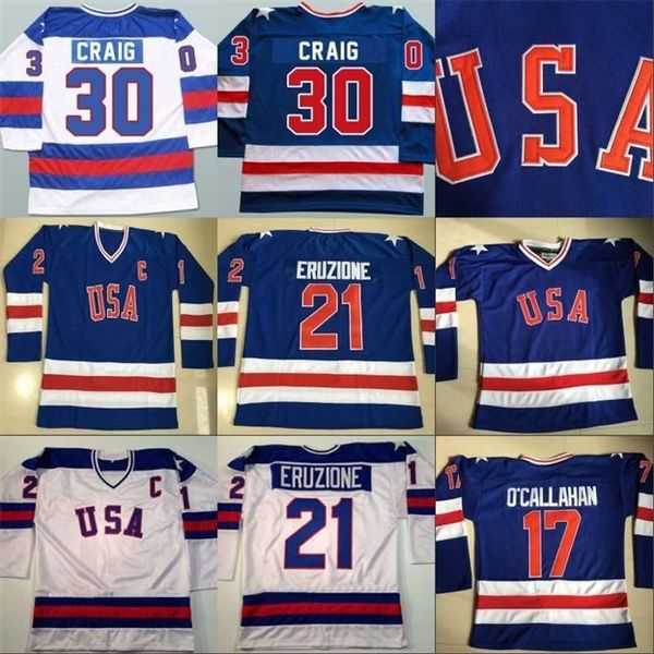 Nik1 1980 Miracle On Ice Hockey-Trikot Nr. 17 Jack O'Callahan Nr. 21 Mike Eruzione Nr. 30 Jim Craig, zu 100 % genähtes Herren-Eishockey-Trikot des Teams USA in Blau und Weiß