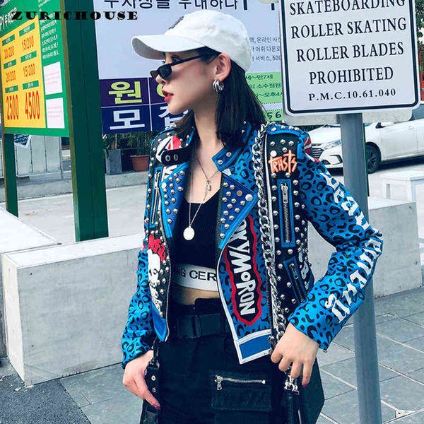 Hochwertige Kunstlederjacke Damenmode Leoparden-Kurzmantel Punk-Stil Briefjacken L220728