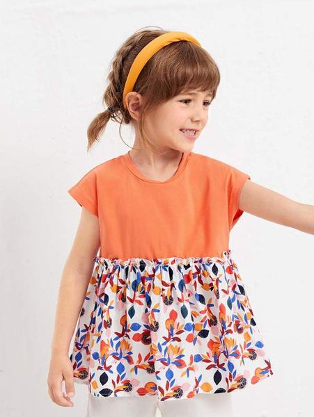 

toddler girls plants print contrast panel babydoll blouse she, White;black