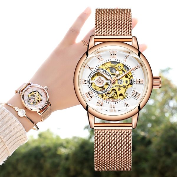 

orkina mechanical women bracelet watch skeleton automatic wristwatch mesh stainless steel band female clock chic reloj mujer 220421, Slivery;brown