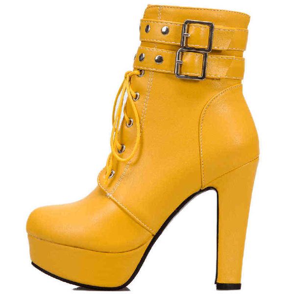 Botlar kırmızı sarı beyaz kadın ayak bileği platformu dantel yukarı yüksek topuk kısa bot kadın tokası sonbahar kış bayanlar ayakkabı büyük boyut 50 220805