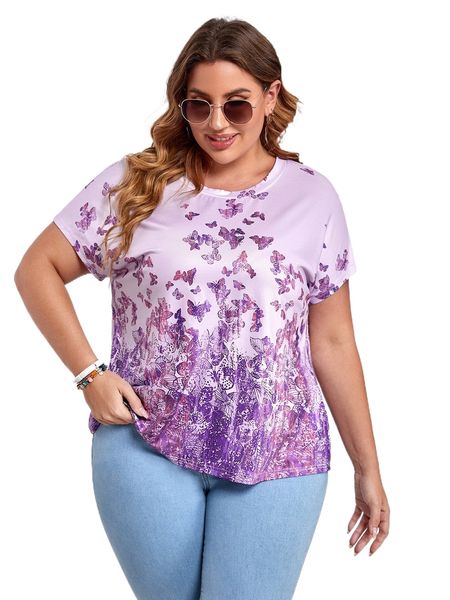 

plus butterfly print batwing sleeve tee s9oq#, Black