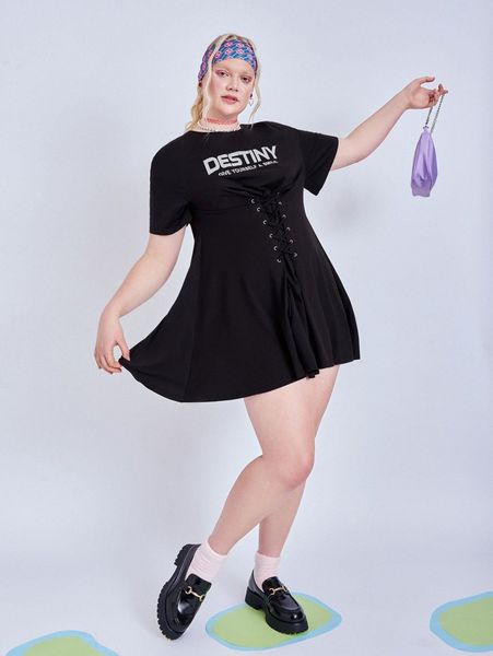 

plus slogan graphic lace up dress d0bh#, Black