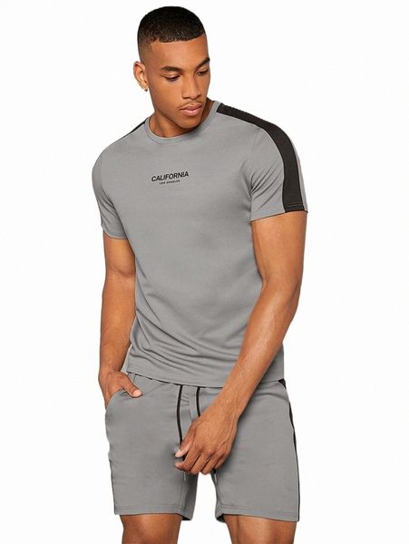 

men letter graphic tee & track shorts set 60zx#, Gray