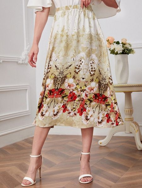 

floral print elastic waist skirt 34ig#, Black