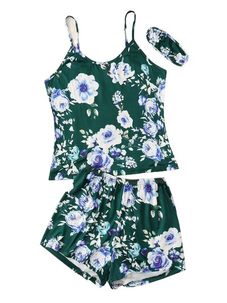 

floral print cami pj set with eye mask h0lk#, Black;red