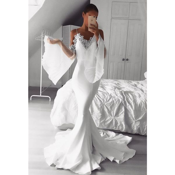 

stunning satin mermaid beach wedding dresses spaghetti strap v-neck juliet long sleeve bohemian bridal gowns robe de mariage, White