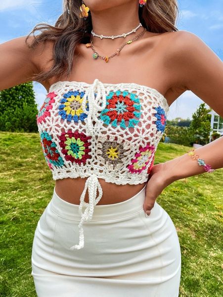 

floral pattern tie front crochet tube knit e4bv#, White;black