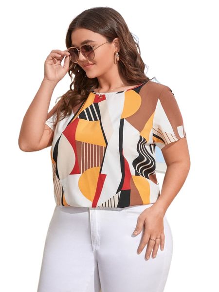 

plus striped & geo print blouse z2ca#, Black