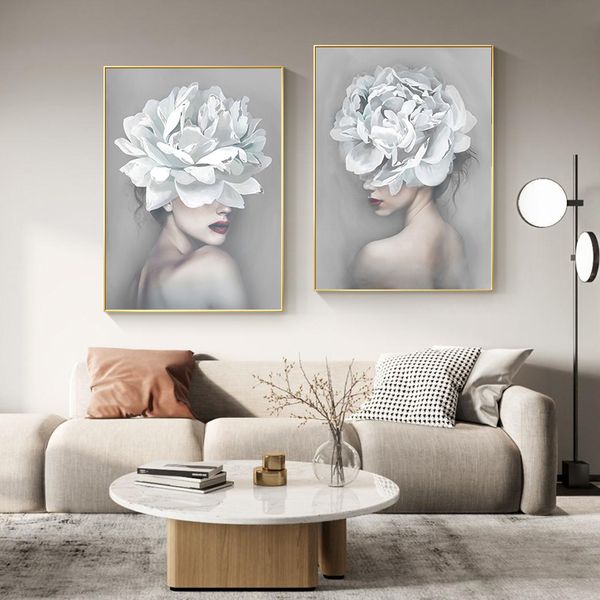 Белый Цветок Девушка Женщины Плакаты и Отпечатки Nordic Рисунок Холст Картина Девушки Настенные Художественные Цветы Фотографии для гостиной Спальня