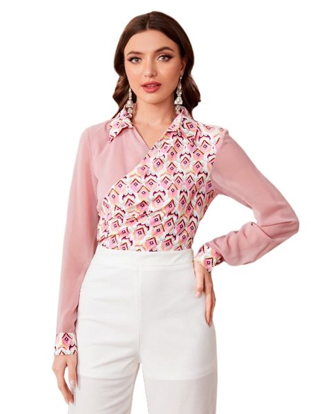 

geo print contrast mesh shirred waist blouse 12jn#, White