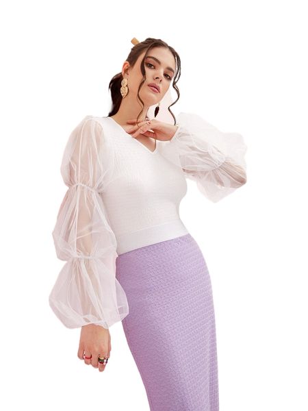 

contrast mesh gathered sleeve shirred y4za#, White