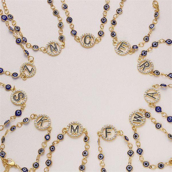 

trendy a-z letter turkish evil eye bracelet shiny rhinestone lucky blue eyes charm bracelet female fashion luxury jewelry gifts a136, Golden;silver
