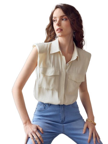 

shoulder pad flap pocket blouse 87gn#, White
