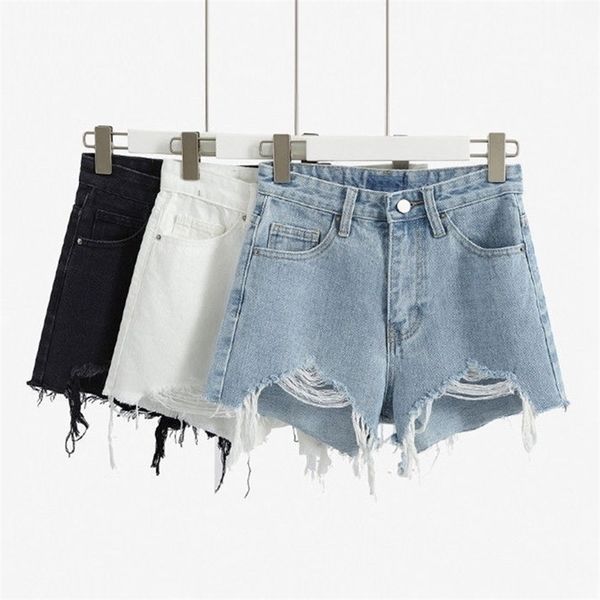 

deruilady fashion women ripped denim shorts summer casual high waist korean jean shorts loose wideleg shorts y200512, White;black