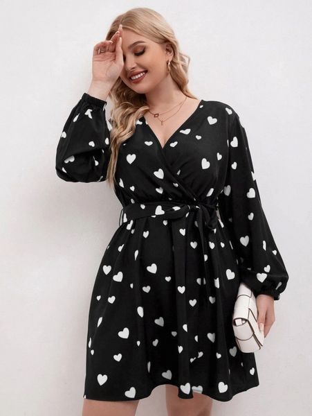 

plus heart print lantern sleeve belted dress n1rs#, Black