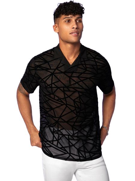 

men geo print semi-sheer polo shirt i533#, White;black