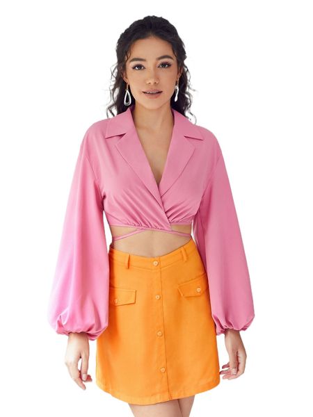 

lantern sleeve wrap knot back crop blouse m8yz#, White