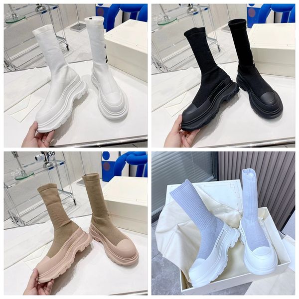 

2022 tread slick graffiti women's high ankle socks boots 5cm thick bottom round toe chelsea single designer boot fashion shoes chunky w, Black