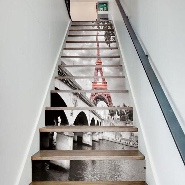 Wandaufkleber 13 teile/satz 3D City Tower Bridge DIY Treppen Kunstwand Walll Aufkleber Schritt Dekoration Poster Landschaft PVC Selbstklebende Tapete