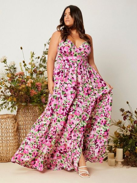

plus allover floral print criss-cross tie backless cami dress s59g#, Black