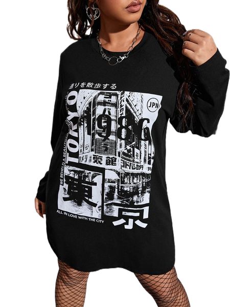 

plus letter graphic tee dress f65w#, Black